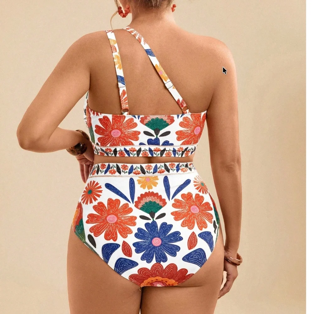 boho Floral Print One Shoulder High Waisted Monokini 2 piece swim set
